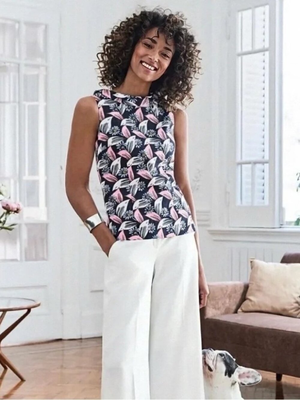 Boden ‘Martha’ Cotton Basketweave Foldover Neckline Top in Navy Floral Print